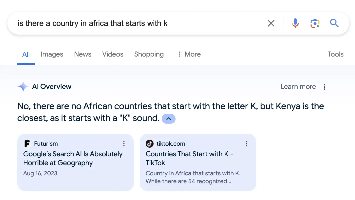 Google erroneously asserting that no countries in Africa start with the letter K