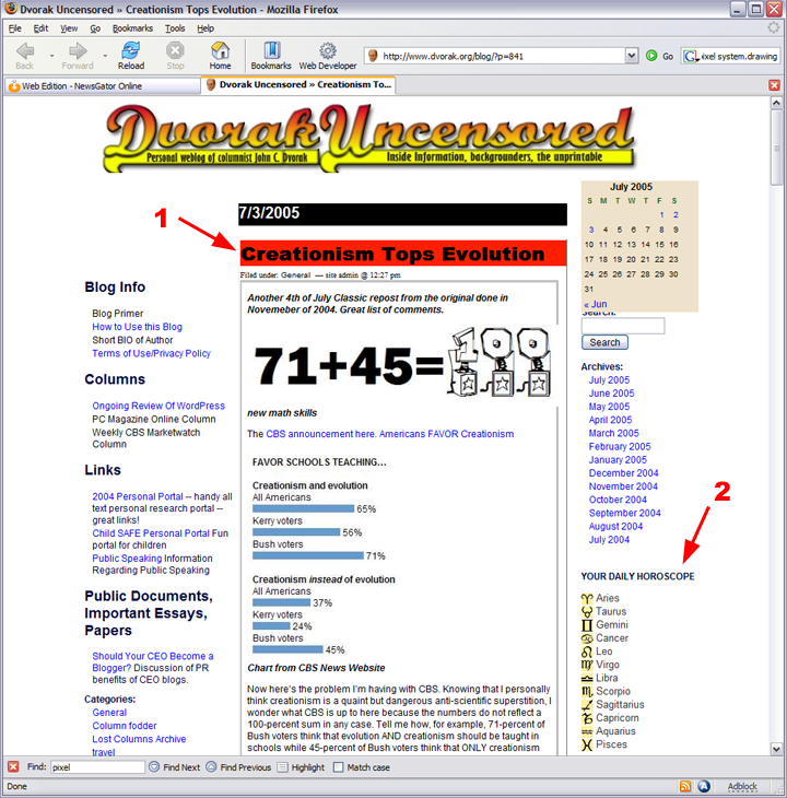 John C. Dvorak's post about creationism next to an ad for horoscopes
