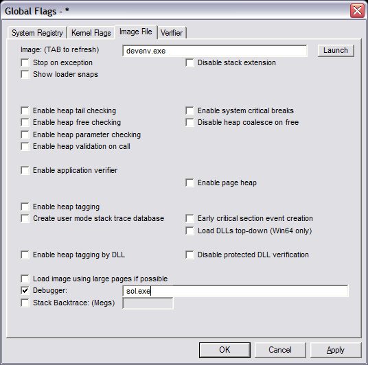 gflags.exe, the Windows global flags editor