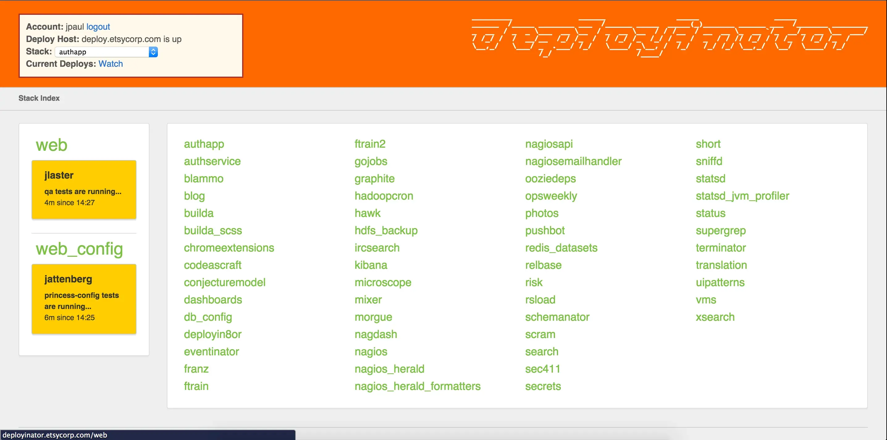 Screenshot of Etsy's deployinator tool